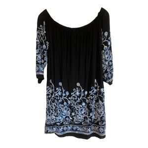 Allison Joy black blue embroidered off shoulder dress mini 3/4 sleeve Size L